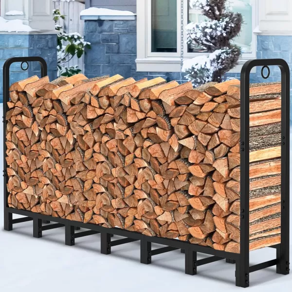 AMAGABELI GARDEN &amp; HOME 8ft Outdoor Firewood Rack, Fireplace Heavy Duty Firewood Pile Storage Racks For Patio Deck Metal Log Holder Stand Tubular Steel Wood Stacker Outside Tools Accessories Black