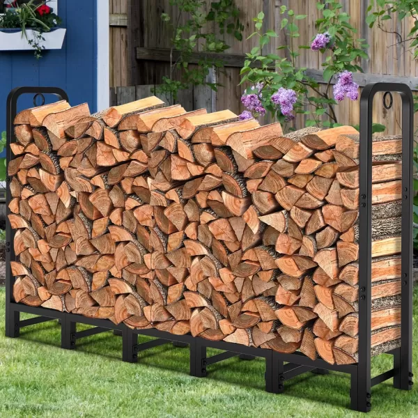 AMAGABELI GARDEN &amp; HOME 8ft Outdoor Firewood Rack, Fireplace Heavy Duty Firewood Pile Storage Racks For Patio Deck Metal Log Holder Stand Tubular Steel Wood Stacker Outside Tools Accessories Black