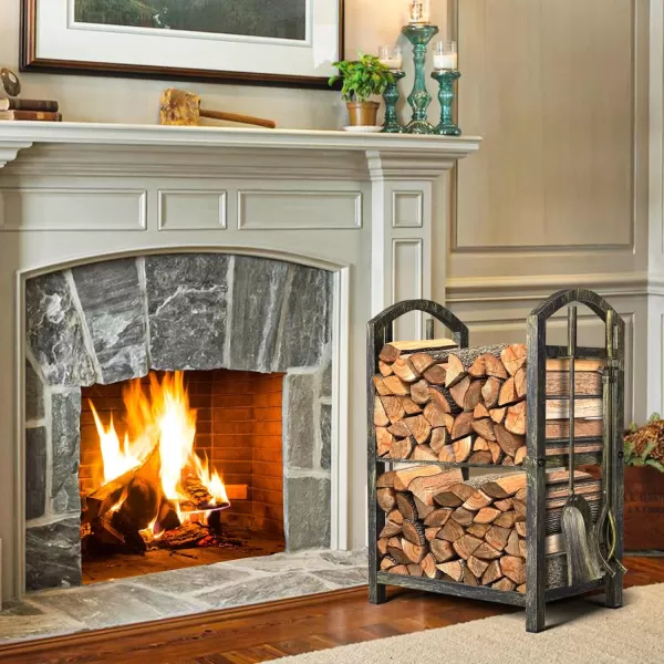 AMAGABELI GARDEN &amp; HOME Firewood Rack Fireplace Tool Rack Indoor Wood Holders Fireplace Outdoor Log Holder Rack Lumber Storage Stacking Black Stove Wrought Iron Large Logs Bin Fireplace Tools Set Tongs Accessories