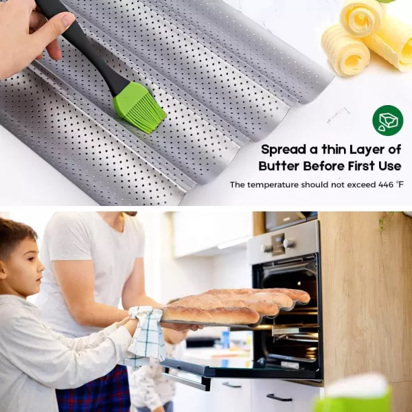 AMAGABELI GARDEN &amp; HOME Nonstick Perforated Baguette Pan 15" x 13" for French Bread Baking 4 Wave Loaves Loaf Bake Mold Toast Cooking Bakers Molding 4 Gutter Oven Toaster Pan Cloche Waves Silver
