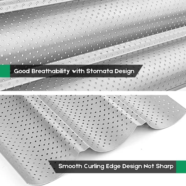 AMAGABELI GARDEN &amp; HOME Nonstick Perforated Baguette Pan 15" x 13" for French Bread Baking 4 Wave Loaves Loaf Bake Mold Toast Cooking Bakers Molding 4 Gutter Oven Toaster Pan Cloche Waves Silver