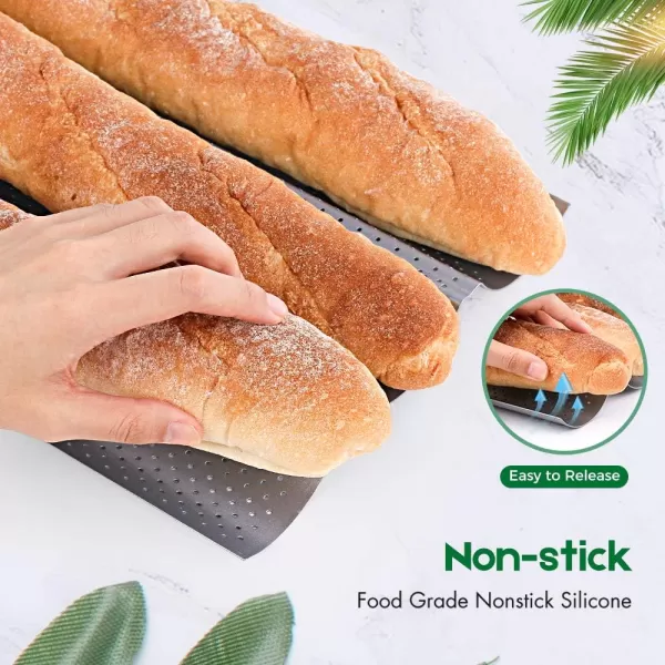 AMAGABELI GARDEN &amp; HOME Nonstick Perforated Baguette Pan 15" x 13" for French Bread Baking 4 Wave Loaves Loaf Bake Mold Toast Cooking Bakers Molding 4 Gutter Oven Toaster Pan Cloche Waves Silver