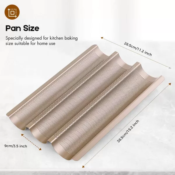 AMAGABELI GARDEN &amp; HOME Nonstick Perforated Baguette Pan 15" x 13" for French Bread Baking 4 Wave Loaves Loaf Bake Mold Toast Cooking Bakers Molding 4 Gutter Oven Toaster Pan Cloche Waves Silver