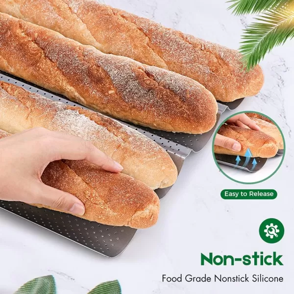 AMAGABELI GARDEN &amp; HOME Nonstick Perforated Baguette Pan 15" x 13" for French Bread Baking 4 Wave Loaves Loaf Bake Mold Toast Cooking Bakers Molding 4 Gutter Oven Toaster Pan Cloche Waves Silver