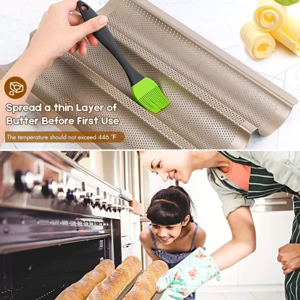 AMAGABELI GARDEN &amp; HOME Nonstick Perforated Baguette Pan 15" x 13" for French Bread Baking 4 Wave Loaves Loaf Bake Mold Toast Cooking Bakers Molding 4 Gutter Oven Toaster Pan Cloche Waves Silver
