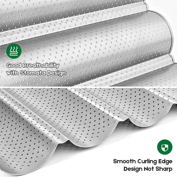 AMAGABELI GARDEN &amp; HOME Nonstick Perforated Baguette Pan 15" x 13" for French Bread Baking 4 Wave Loaves Loaf Bake Mold Toast Cooking Bakers Molding 4 Gutter Oven Toaster Pan Cloche Waves Silver