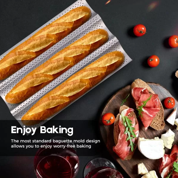 AMAGABELI GARDEN &amp; HOME Nonstick Perforated Baguette Pan 15" x 13" for French Bread Baking 4 Wave Loaves Loaf Bake Mold Toast Cooking Bakers Molding 4 Gutter Oven Toaster Pan Cloche Waves Silver