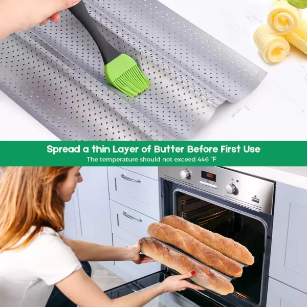 AMAGABELI GARDEN &amp; HOME Nonstick Perforated Baguette Pan 15" x 13" for French Bread Baking 4 Wave Loaves Loaf Bake Mold Toast Cooking Bakers Molding 4 Gutter Oven Toaster Pan Cloche Waves Silver