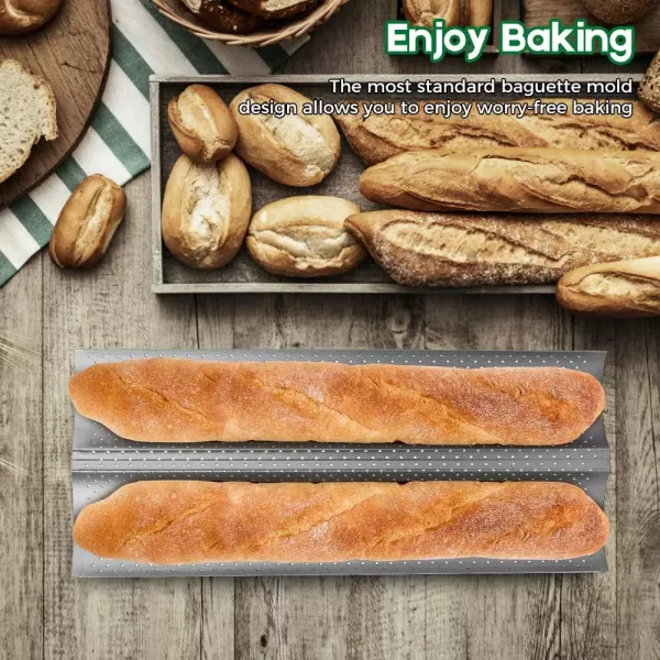 AMAGABELI GARDEN &amp; HOME Nonstick Perforated Baguette Pan 15" x 13" for French Bread Baking 4 Wave Loaves Loaf Bake Mold Toast Cooking Bakers Molding 4 Gutter Oven Toaster Pan Cloche Waves Silver
