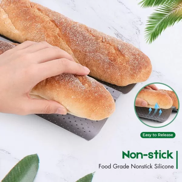 AMAGABELI GARDEN &amp; HOME Nonstick Perforated Baguette Pan 15" x 13" for French Bread Baking 4 Wave Loaves Loaf Bake Mold Toast Cooking Bakers Molding 4 Gutter Oven Toaster Pan Cloche Waves Silver