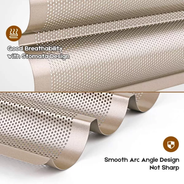 AMAGABELI GARDEN &amp; HOME Nonstick Perforated Baguette Pan 15" x 13" for French Bread Baking 4 Wave Loaves Loaf Bake Mold Toast Cooking Bakers Molding 4 Gutter Oven Toaster Pan Cloche Waves Silver