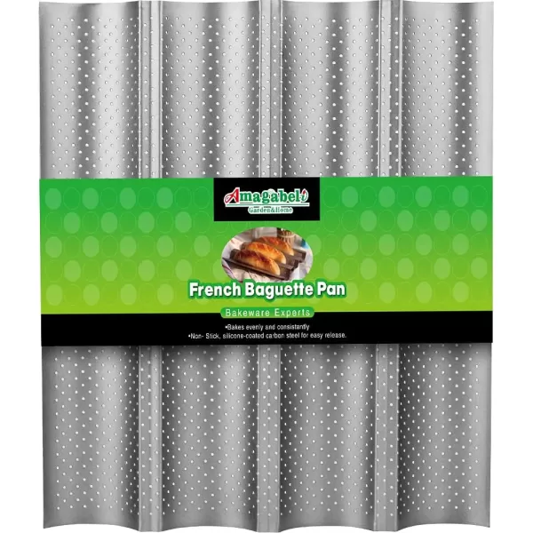 AMAGABELI GARDEN &amp; HOME Nonstick Perforated Baguette Pan 15" x 13" for French Bread Baking 4 Wave Loaves Loaf Bake Mold Toast Cooking Bakers Molding 4 Gutter Oven Toaster Pan Cloche Waves Silver