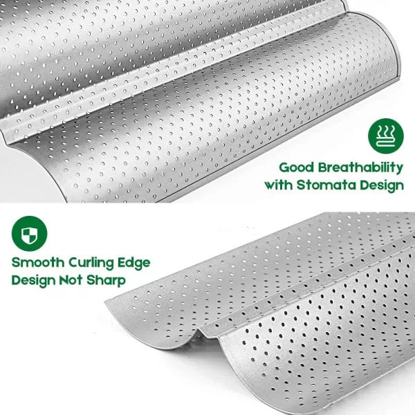 AMAGABELI GARDEN &amp; HOME Nonstick Perforated Baguette Pan 15" x 13" for French Bread Baking 4 Wave Loaves Loaf Bake Mold Toast Cooking Bakers Molding 4 Gutter Oven Toaster Pan Cloche Waves Silver
