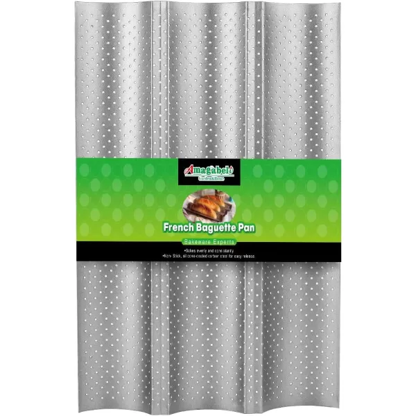 AMAGABELI GARDEN &amp; HOME Nonstick Perforated Baguette Pan 15" x 13" for French Bread Baking 4 Wave Loaves Loaf Bake Mold Toast Cooking Bakers Molding 4 Gutter Oven Toaster Pan Cloche Waves Silver
