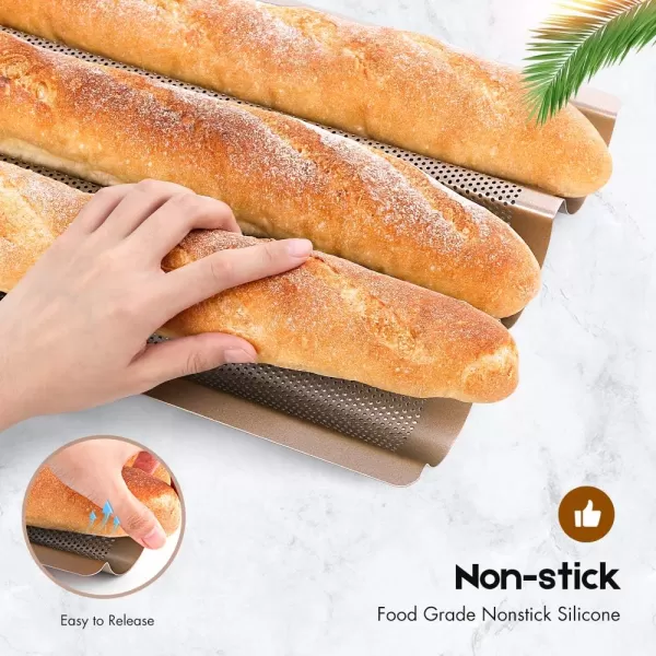 AMAGABELI GARDEN &amp; HOME Nonstick Perforated Baguette Pan 15" x 13" for French Bread Baking 4 Wave Loaves Loaf Bake Mold Toast Cooking Bakers Molding 4 Gutter Oven Toaster Pan Cloche Waves Silver