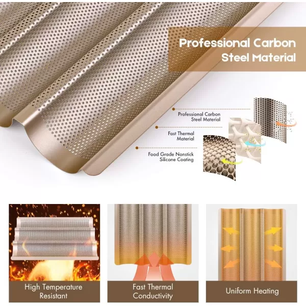 AMAGABELI GARDEN &amp; HOME Nonstick Perforated Baguette Pan 15" x 13" for French Bread Baking 4 Wave Loaves Loaf Bake Mold Toast Cooking Bakers Molding 4 Gutter Oven Toaster Pan Cloche Waves Silver