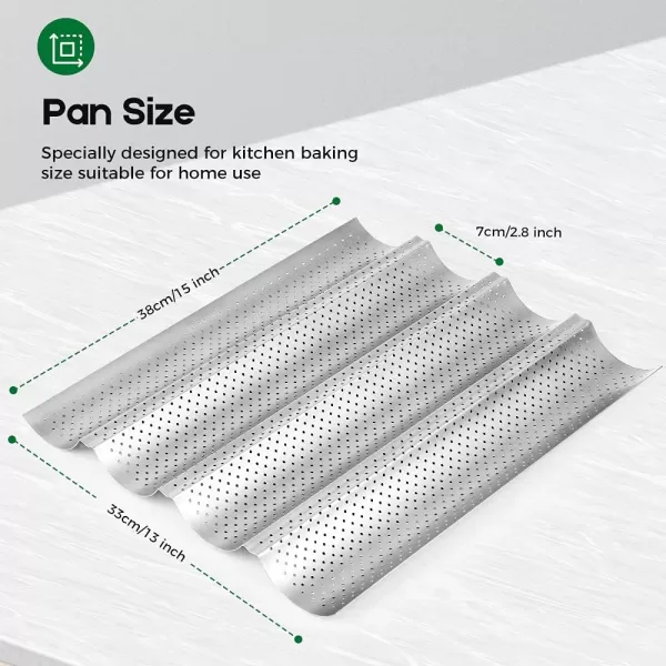 AMAGABELI GARDEN &amp; HOME Nonstick Perforated Baguette Pan 15" x 13" for French Bread Baking 4 Wave Loaves Loaf Bake Mold Toast Cooking Bakers Molding 4 Gutter Oven Toaster Pan Cloche Waves Silver