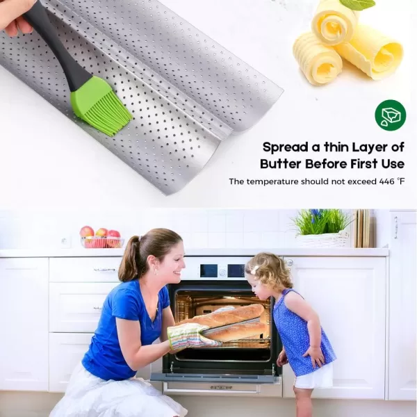 AMAGABELI GARDEN &amp; HOME Nonstick Perforated Baguette Pan 15" x 13" for French Bread Baking 4 Wave Loaves Loaf Bake Mold Toast Cooking Bakers Molding 4 Gutter Oven Toaster Pan Cloche Waves Silver