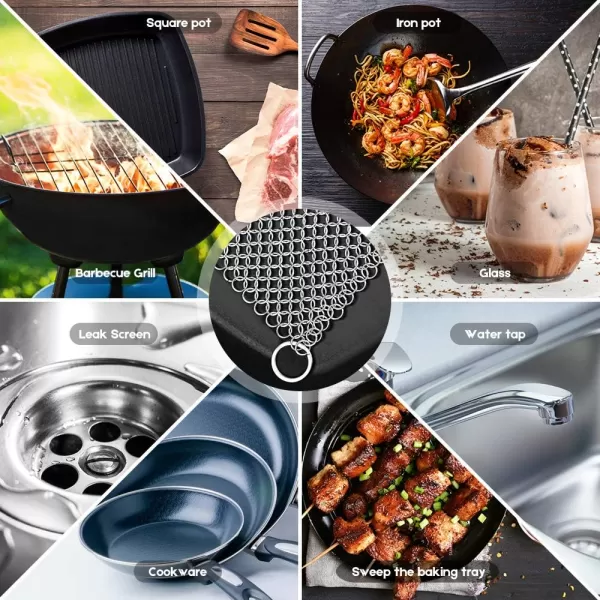 Amagabeli Cast Iron Cleaner 8"x6" Rectangle Chain Metal Scrubber with Hanging Ring 316 Premium Stainless Steel Chainmail Scrubber for Skillet,Wok,Pot,Pan CS03