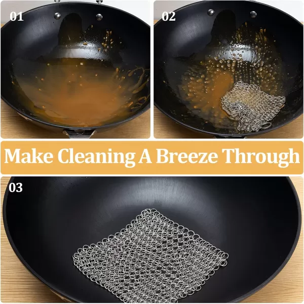 Amagabeli Cast Iron Cleaner 8"x6" Rectangle Chain Metal Scrubber with Hanging Ring 316 Premium Stainless Steel Chainmail Scrubber for Skillet,Wok,Pot,Pan CS03