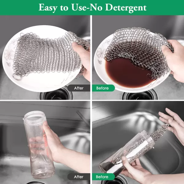 Amagabeli Cast Iron Cleaner 8"x6" Rectangle Chain Metal Scrubber with Hanging Ring 316 Premium Stainless Steel Chainmail Scrubber for Skillet,Wok,Pot,Pan CS03