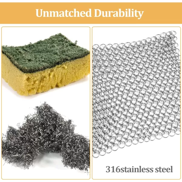 Amagabeli Cast Iron Cleaner 8"x6" Rectangle Chain Metal Scrubber with Hanging Ring 316 Premium Stainless Steel Chainmail Scrubber for Skillet,Wok,Pot,Pan CS03