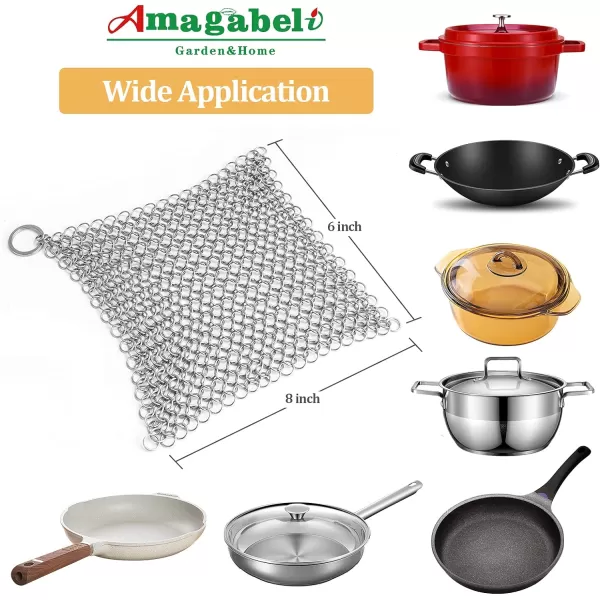 Amagabeli Cast Iron Cleaner 8"x6" Rectangle Chain Metal Scrubber with Hanging Ring 316 Premium Stainless Steel Chainmail Scrubber for Skillet,Wok,Pot,Pan CS03