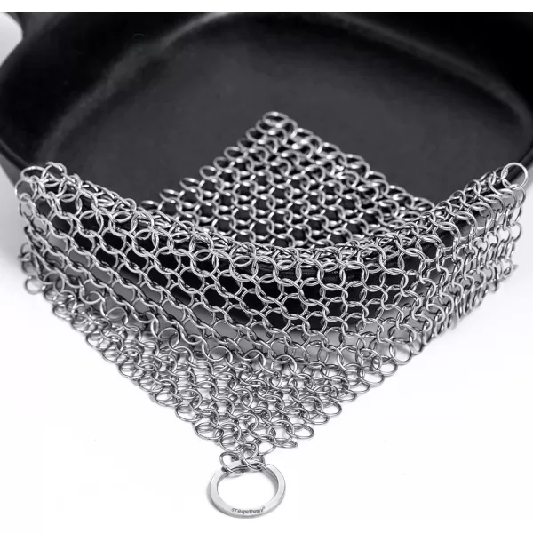 Amagabeli Cast Iron Cleaner 8"x6" Rectangle Chain Metal Scrubber with Hanging Ring 316 Premium Stainless Steel Chainmail Scrubber for Skillet,Wok,Pot,Pan CS03