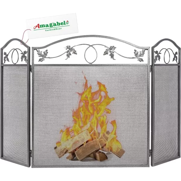 Amagabeli Free Standing Fireplace Screen 3 Panel Pewter Foldable Wrought Iron Furnace Fireguards Fireplace Cover Large Screen for Fireplace Wood Burning Metal Mesh Fire Spark 50 x 29 Inch