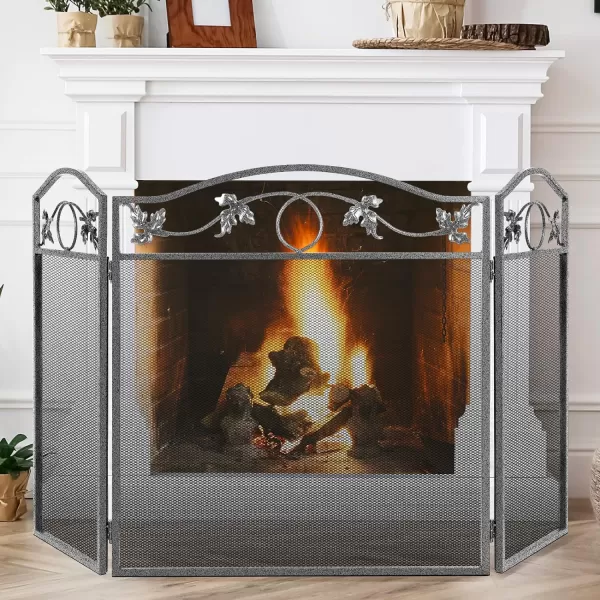 Amagabeli Free Standing Fireplace Screen 3 Panel Pewter Foldable Wrought Iron Furnace Fireguards Fireplace Cover Large Screen for Fireplace Wood Burning Metal Mesh Fire Spark 50 x 29 Inch