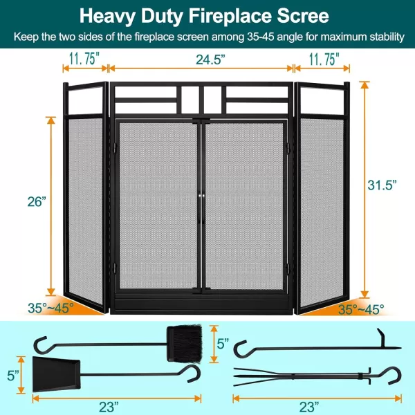 Amagabeli Garden Home 3 Panel Folding Fireplace Screen with Doors Large Flat Guard Tools Outdoor Metal Decorative Mesh Solid Wrought Iron Fire Place Wood Burning Stove Accessories Black