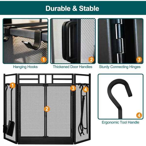 Amagabeli Garden Home 3 Panel Folding Fireplace Screen with Doors Large Flat Guard Tools Outdoor Metal Decorative Mesh Solid Wrought Iron Fire Place Wood Burning Stove Accessories Black