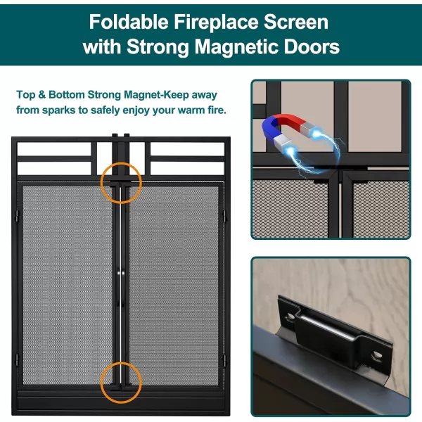Amagabeli Garden Home 3 Panel Folding Fireplace Screen with Doors Large Flat Guard Tools Outdoor Metal Decorative Mesh Solid Wrought Iron Fire Place Wood Burning Stove Accessories Black