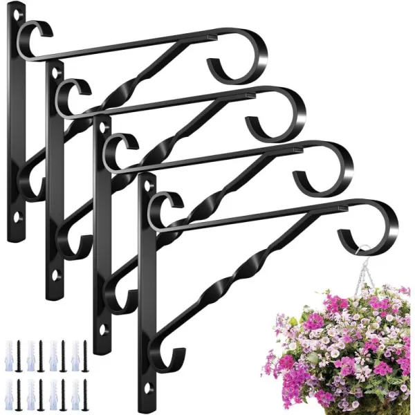AMAGABELI GARDEN &amp; HOME 2 Pack Hanging Plants Bracket 10 inch Planter Hook Hanger for Outdoor Flower Baskets Pot Bird Feeder Lanterns Garden for Indoor Wall Fence Screw Mount Arm Black BG1571