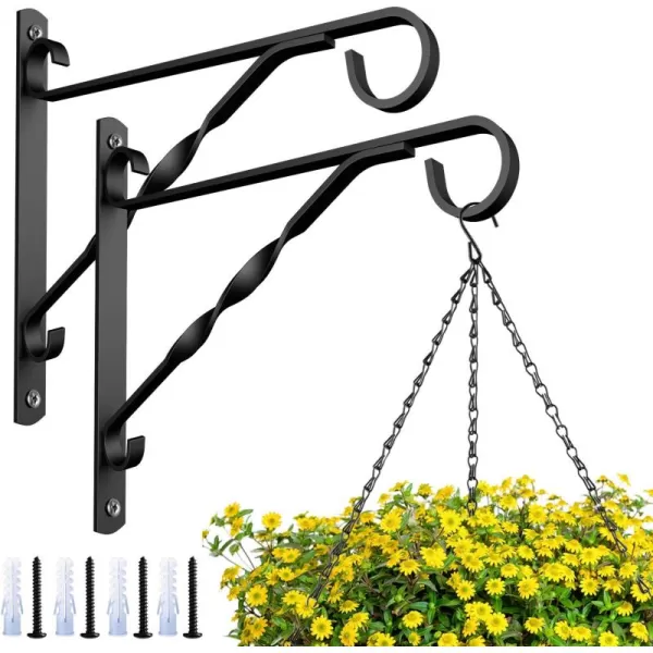 AMAGABELI GARDEN &amp; HOME 2 Pack Hanging Plants Bracket 10 inch Planter Hook Hanger for Outdoor Flower Baskets Pot Bird Feeder Lanterns Garden for Indoor Wall Fence Screw Mount Arm Black BG1571