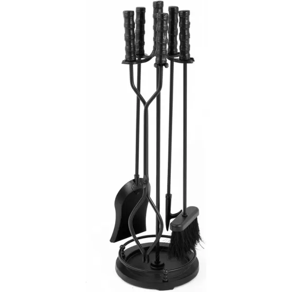 AMAGABELI GARDEN &amp; HOME 30in Fireplace Tools Set Brass Handle 5Pieces Wrought Iron Indoor Fireset Stand Wood Log Holder Hearth Accessories Kit Antique Fire Tongs Shovel Brush Chimney Poker Tool Set