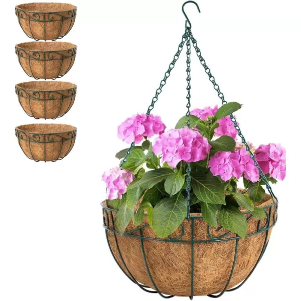 AMAGABELI GARDEN &amp; HOME 4 Pack 14 Inch Hanging Baskets Planter for Flowers Round Outdoor Indoor Pots Holder Hanger Metal with Liner Chain Large Artificial Plants Decoration Black Basket14