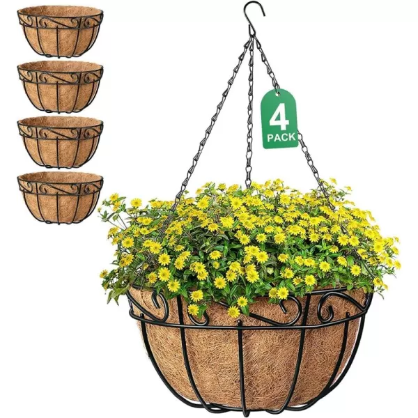 AMAGABELI GARDEN &amp; HOME 4 Pack 14 Inch Hanging Baskets Planter for Flowers Round Outdoor Indoor Pots Holder Hanger Metal with Liner Chain Large Artificial Plants Decoration Black Basket14