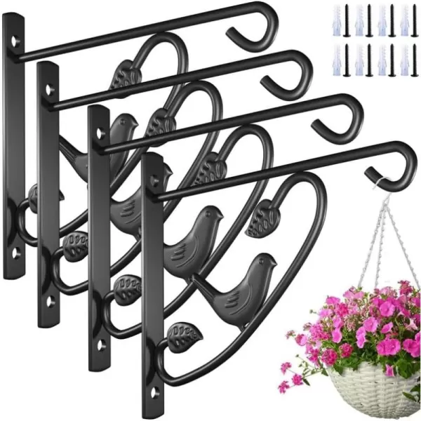 AMAGABELI GARDEN &amp; HOME 4 Pack Hanging Plants Bracket 10" Planter Hooks Hangers Flower Baskets Pot Bird Feeder Lanterns Patio Garden for Outdoor Indoor Wall Fence Screw Mount Arm Black BG150