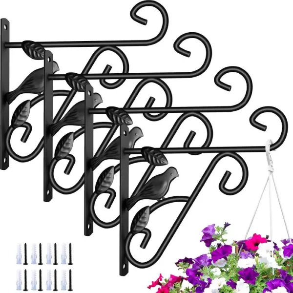 AMAGABELI GARDEN &amp; HOME 4 Pack Hanging Plants Bracket 10" Planter Hooks Hangers Flower Baskets Pot Bird Feeder Lanterns Patio Garden for Outdoor Indoor Wall Fence Screw Mount Arm Black BG150