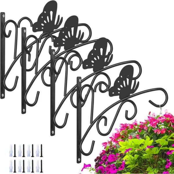 AMAGABELI GARDEN &amp; HOME 4 Pack Hanging Plants Bracket 10" Planter Hooks Hangers Flower Baskets Pot Bird Feeder Lanterns Patio Garden for Outdoor Indoor Wall Fence Screw Mount Arm Black BG150