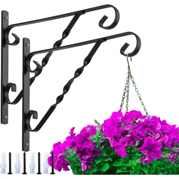 AMAGABELI GARDEN &amp; HOME 4 Pack Hanging Plants Bracket 12" Outdoor Hanger Planter Hooks Flower Baskets Pot Bird Feeder Lanterns Hanger Garden for Wall Fence Screw Mount Arm Metal Black BG154