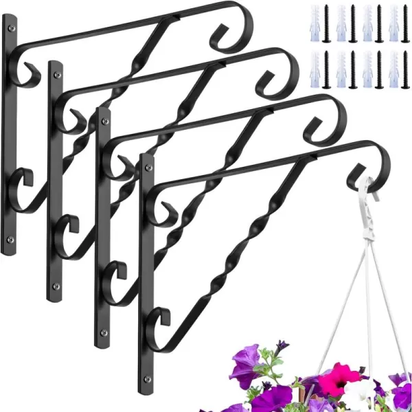AMAGABELI GARDEN &amp; HOME 4 Pack Hanging Plants Bracket 12" Outdoor Hanger Planter Hooks Flower Baskets Pot Bird Feeder Lanterns Hanger Garden for Wall Fence Screw Mount Arm Metal Black BG154
