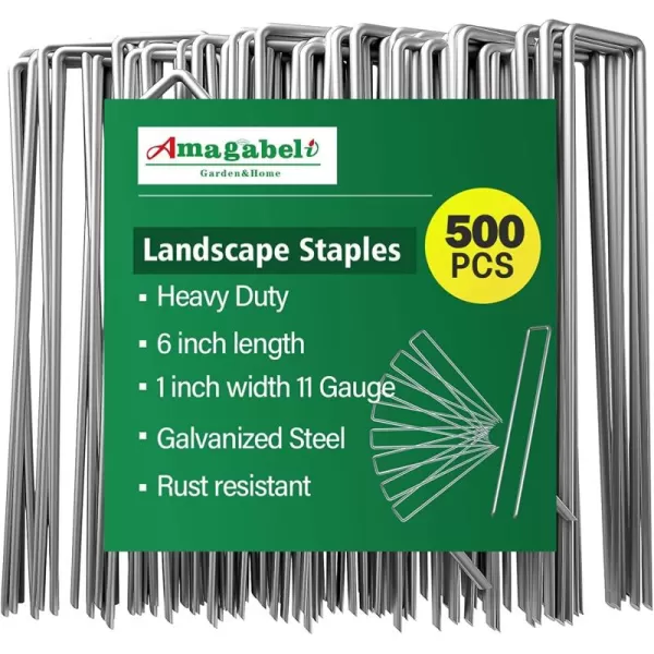 AMAGABELI GARDEN &amp; HOME 6 Inch Galvanized Landscape Staples 200 Pack 11 Gauge Garden Stakes Sod Pins Anti-Rust for Weed Barrier Fabric Ground Cover Dripper Irrigation Tubing Soaker Hose STAPLE001