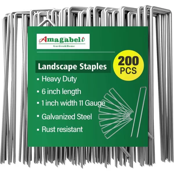 AMAGABELI GARDEN &amp; HOME 6 Inch Galvanized Landscape Staples 200 Pack 11 Gauge Garden Stakes Sod Pins Anti-Rust for Weed Barrier Fabric Ground Cover Dripper Irrigation Tubing Soaker Hose STAPLE001