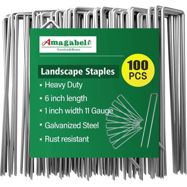 AMAGABELI GARDEN &amp; HOME 6 Inch Galvanized Landscape Staples 200 Pack 11 Gauge Garden Stakes Sod Pins Anti-Rust for Weed Barrier Fabric Ground Cover Dripper Irrigation Tubing Soaker Hose STAPLE001