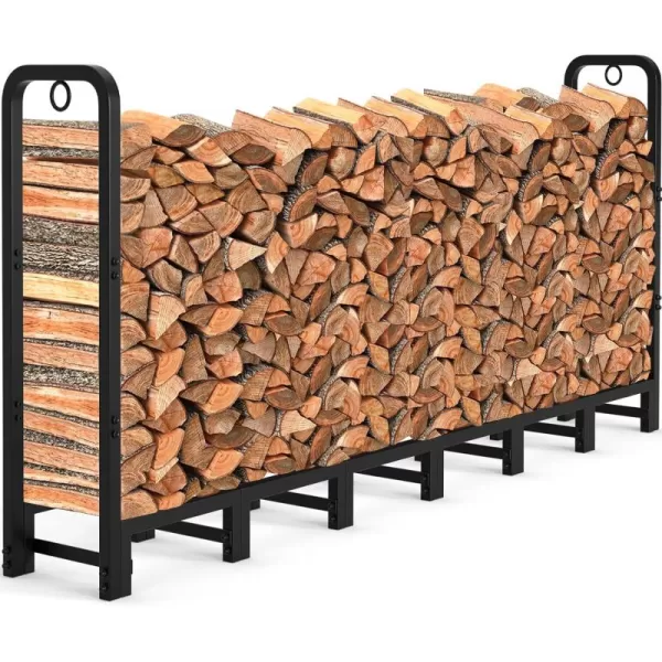 AMAGABELI GARDEN &amp; HOME 8ft Outdoor Firewood Rack, Fireplace Heavy Duty Firewood Pile Storage Racks For Patio Deck Metal Log Holder Stand Tubular Steel Wood Stacker Outside Tools Accessories Black