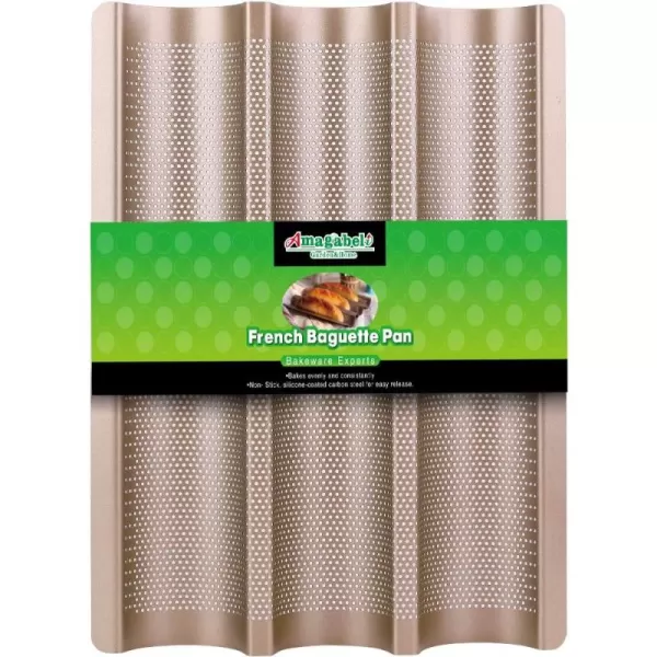 AMAGABELI GARDEN &amp; HOME Nonstick Perforated Baguette Pan 15" x 13" for French Bread Baking 4 Wave Loaves Loaf Bake Mold Toast Cooking Bakers Molding 4 Gutter Oven Toaster Pan Cloche Waves Silver