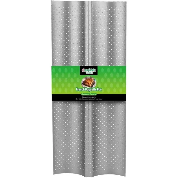 AMAGABELI GARDEN &amp; HOME Nonstick Perforated Baguette Pan 15" x 13" for French Bread Baking 4 Wave Loaves Loaf Bake Mold Toast Cooking Bakers Molding 4 Gutter Oven Toaster Pan Cloche Waves Silver