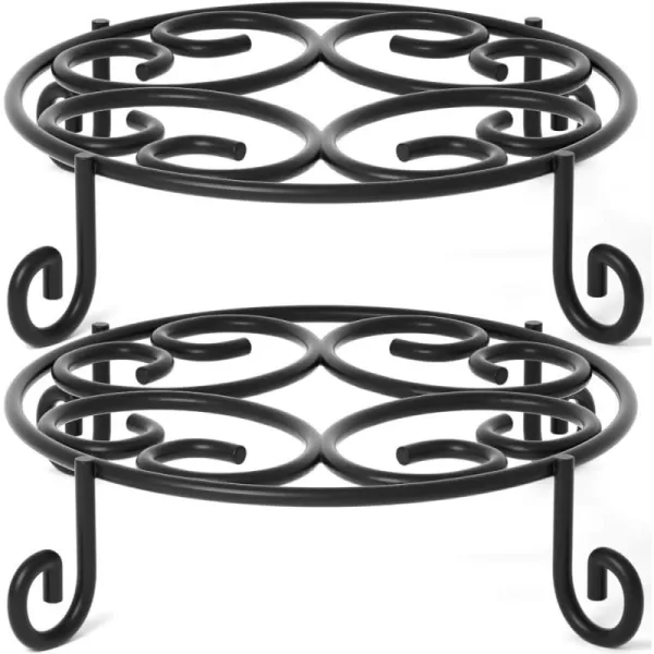 Amagabeli 2 Pack 10 inch Plant Potted Stands Metal Wrought Iron Rustproof Flower Pot Planter Holder Rack Outdoor Indoor Steel Short Small Display Trivet Floor Art Saucer Decor Round Black BG083